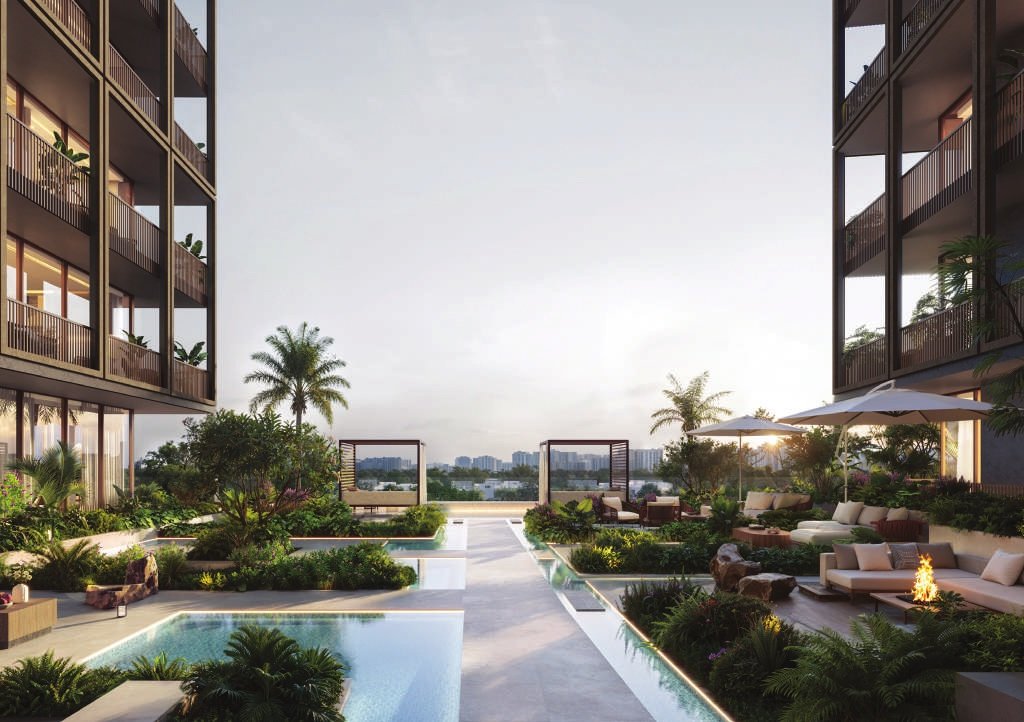 The ground-level garden, water and floating cabanas