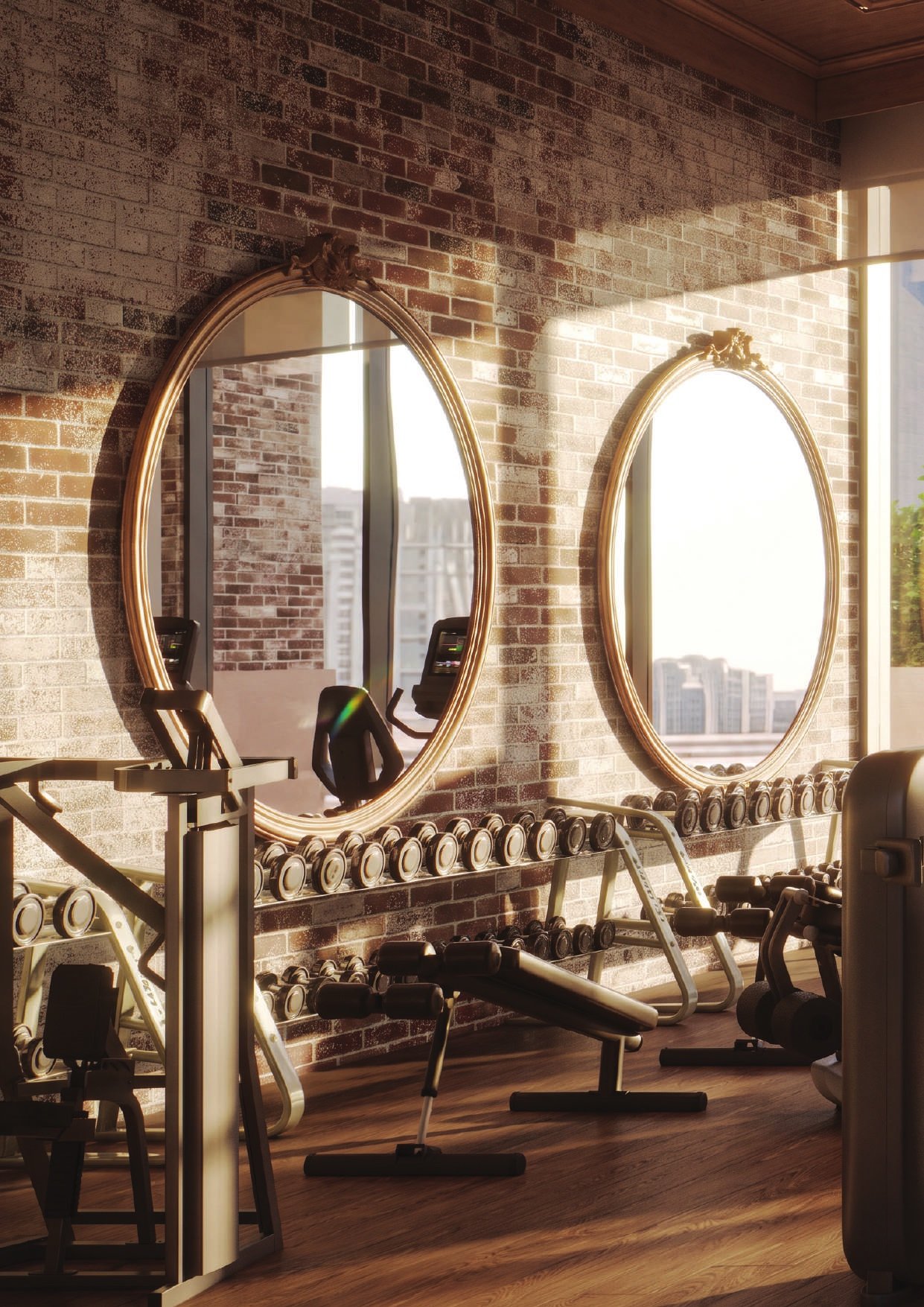 Weights against a brick wall beneath arched mirrors