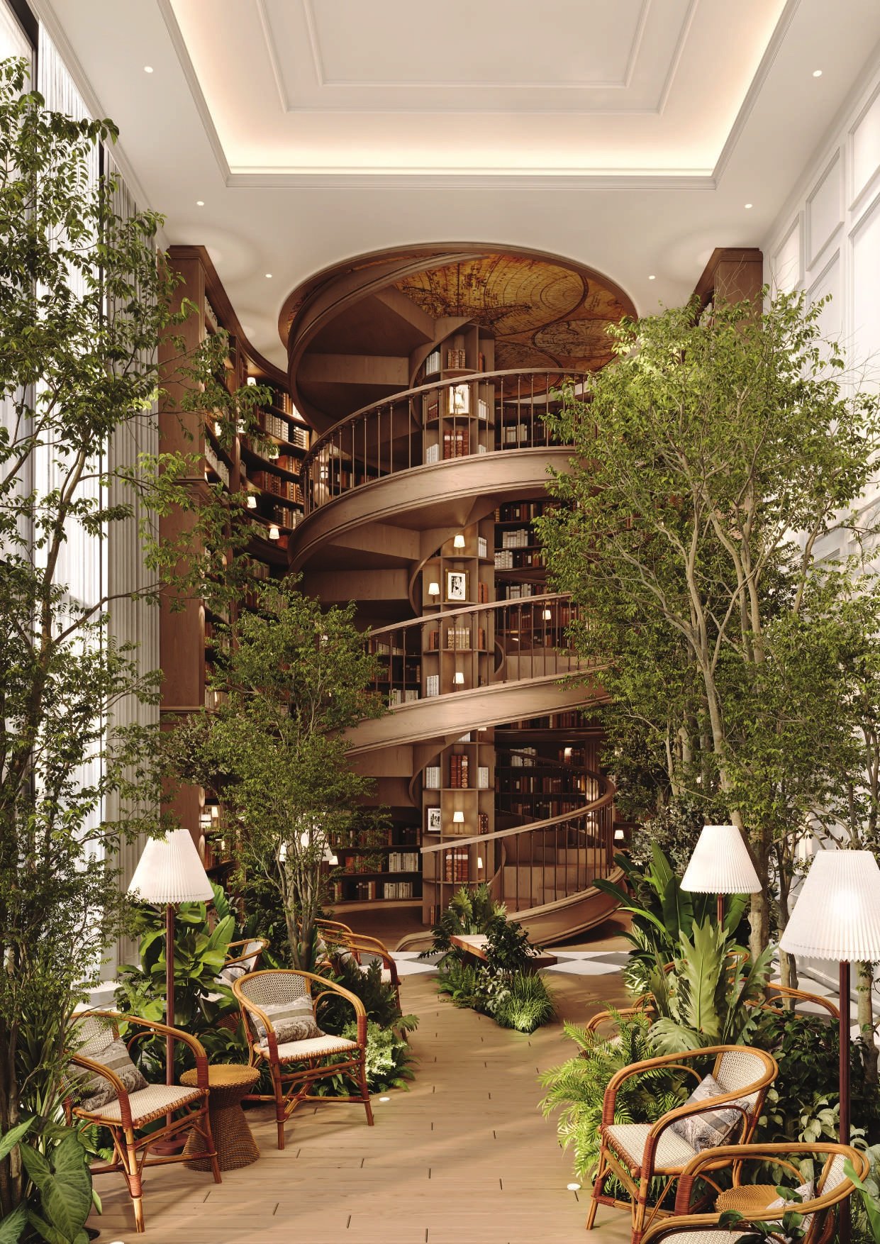 The library atrium: two storeys of shelves wrapped by a spiral stair