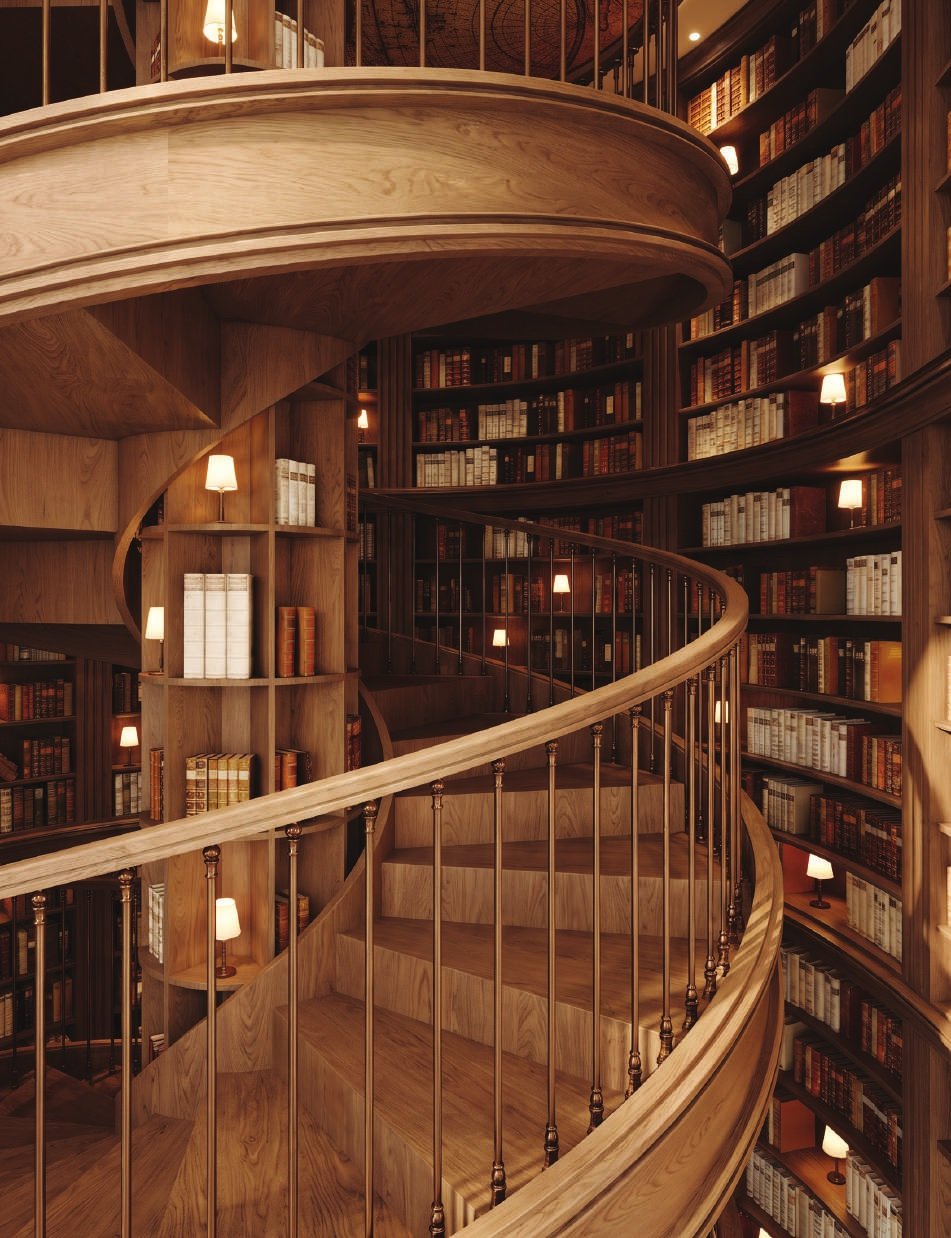 The spiral stair rising through the book shelves