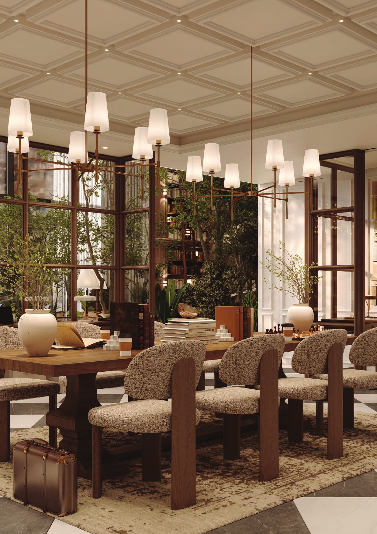 The Reading Lounge, chandeliers over seating and planting