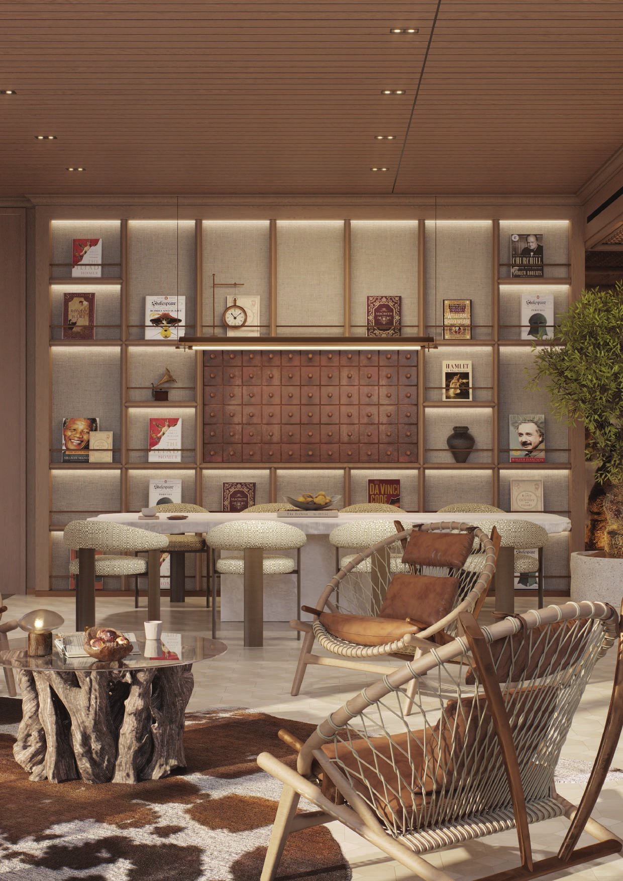 The Reading Salon: fireplace, deep seating and shelving