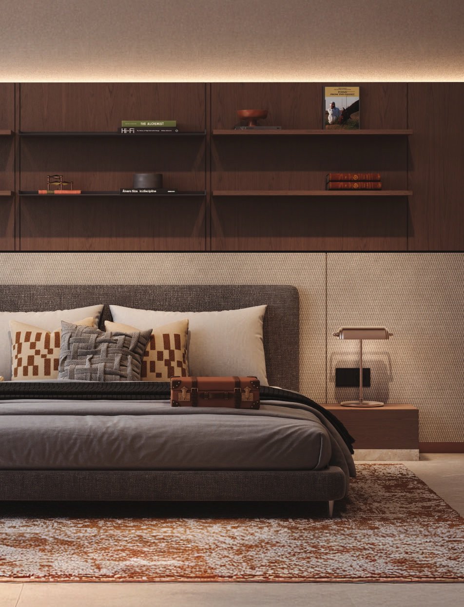The bedroom, a lit shelf running the length of the headboard wall