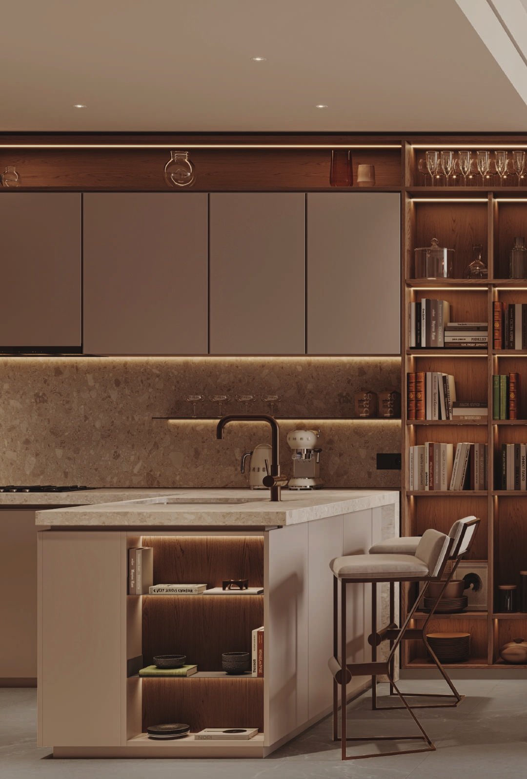 The kitchen: an island beside floor-to-ceiling shelving